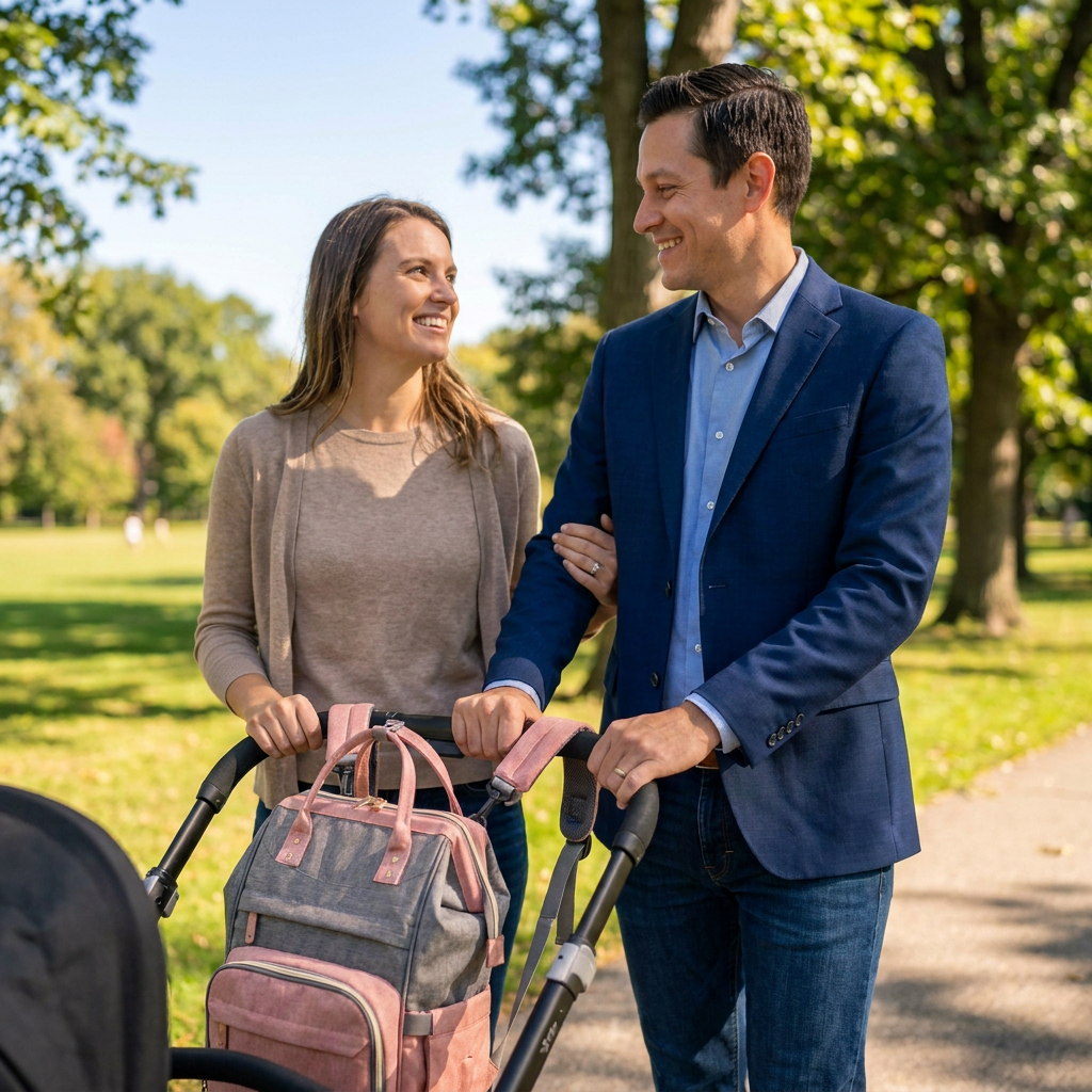 Parents using The Hush Baby Backpack with a pram